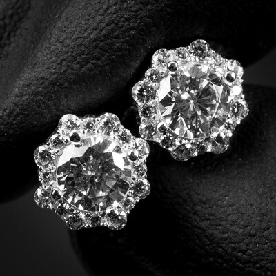 Small Brilliant 925 Sterling Silver White Gold Flower Cluster Round Halo Hip Hop Stud Earrings