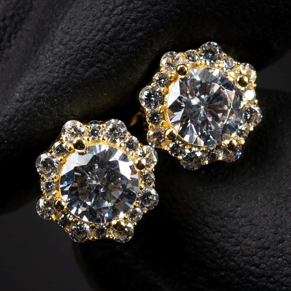 Small Brilliant 925 Sterling Silver 14K Yellow Gold Flower Cluster Round Halo Hip Hop Stud Earrings