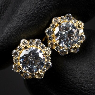 Small Brilliant 925 Sterling Silver 14K Yellow Gold Flower Cluster Round Halo Hip Hop Stud Earrings