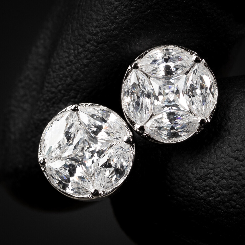 ​Round Marquise And Princess Cut Unisex 925 Sterling Silver Screw Back Earrings