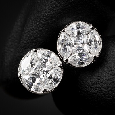 ​Round Marquise And Princess Cut Unisex 925 Sterling Silver Screw Back Earrings