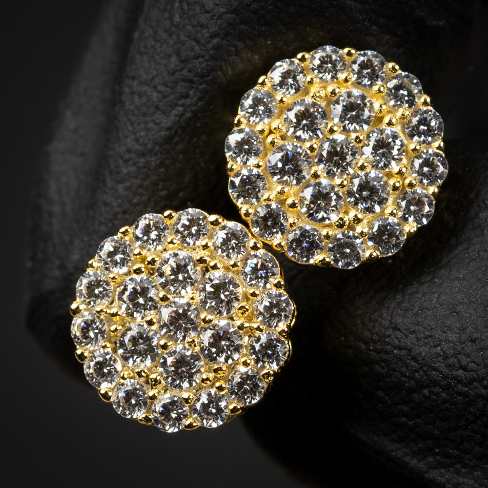 Hip Hop Round Yellow Gold 925 Sterling Silver Cluster Stud Earrings