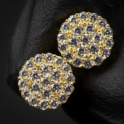 Hip Hop Round Yellow Gold 925 Sterling Silver Cluster Stud Earrings