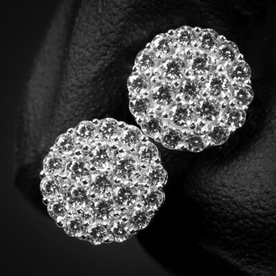 Round White Gold Plated 925 Sterling Silver Circle Shape Cluster Earrings
