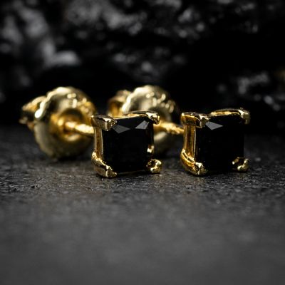 Mens Small Yellow Gold 925 Sterling Silver Black Onyx Princess Cut Stud Earrings