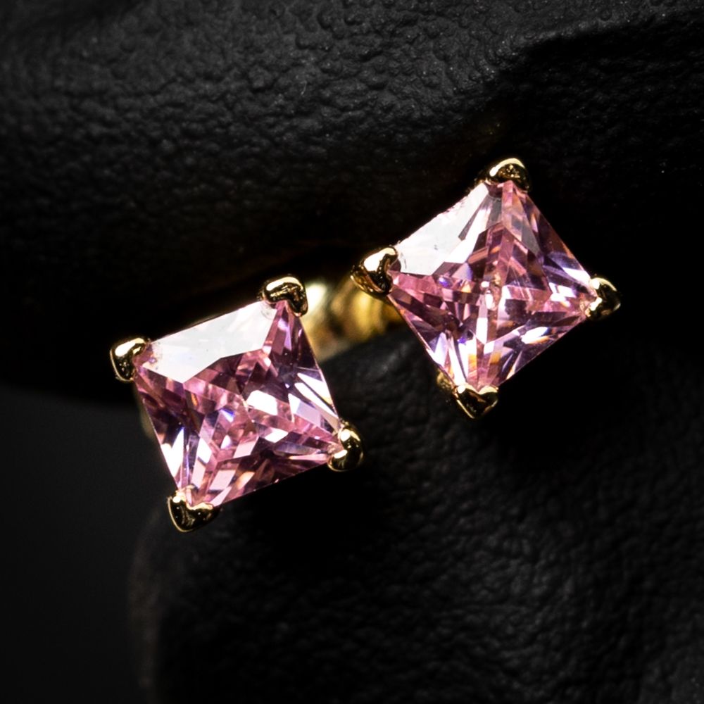 Small 14K Gold 925 Sterling Silver Square Pink Princess Cut Stud Earrings Small 14K Gold 925 Sterling Silver Square Pink Princess Cut Stud Earrings