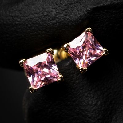 Small 14K Gold 925 Sterling Silver Square Pink Princess Cut Stud Earrings Small 14K Gold 925 Sterling Silver Square Pink Princess Cut Stud Earrings