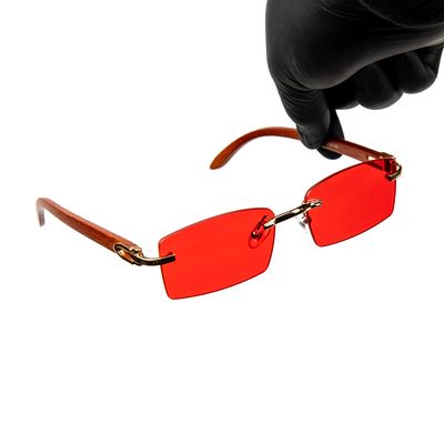 Rectangle Rimless Gold Frame Woodgrain Men Women&#39;s Red Tint Hip Hop Sunglasses