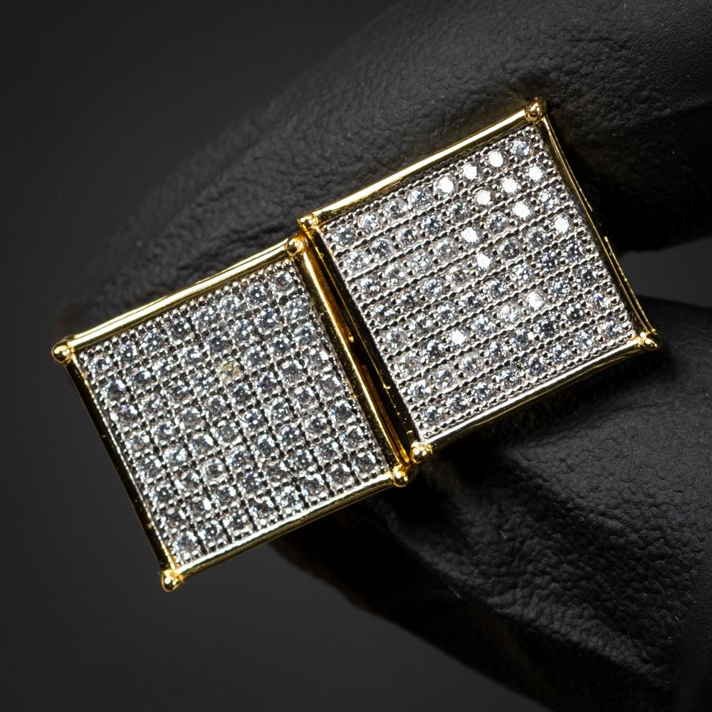 Men&#39;s Large Square Flat Screen Hip Hop Two Tone Yellow Gold Sterling Silver Earrings