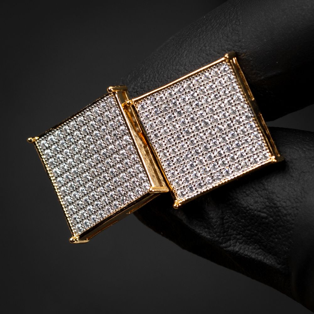 Men&#39;s Large Square Flat Screen Hip Hop Two Tone Yellow Gold Sterling Silver Earrings