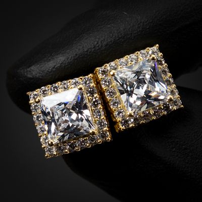 Square Princess Cut Halo Gold Sterling Silver Stud Screw Back Earrings