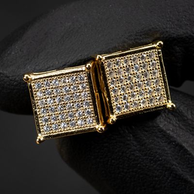Men&#39;s Square Flat Screen Hip Hop Yellow Gold Sterling Silver Screw Back Earrings