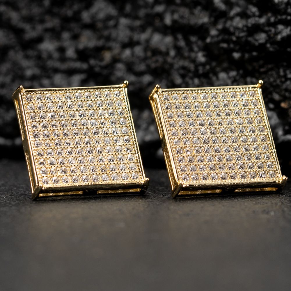 Yellow Gold Sterling Silver Large Square Flat Screen Screw Back Earrings
