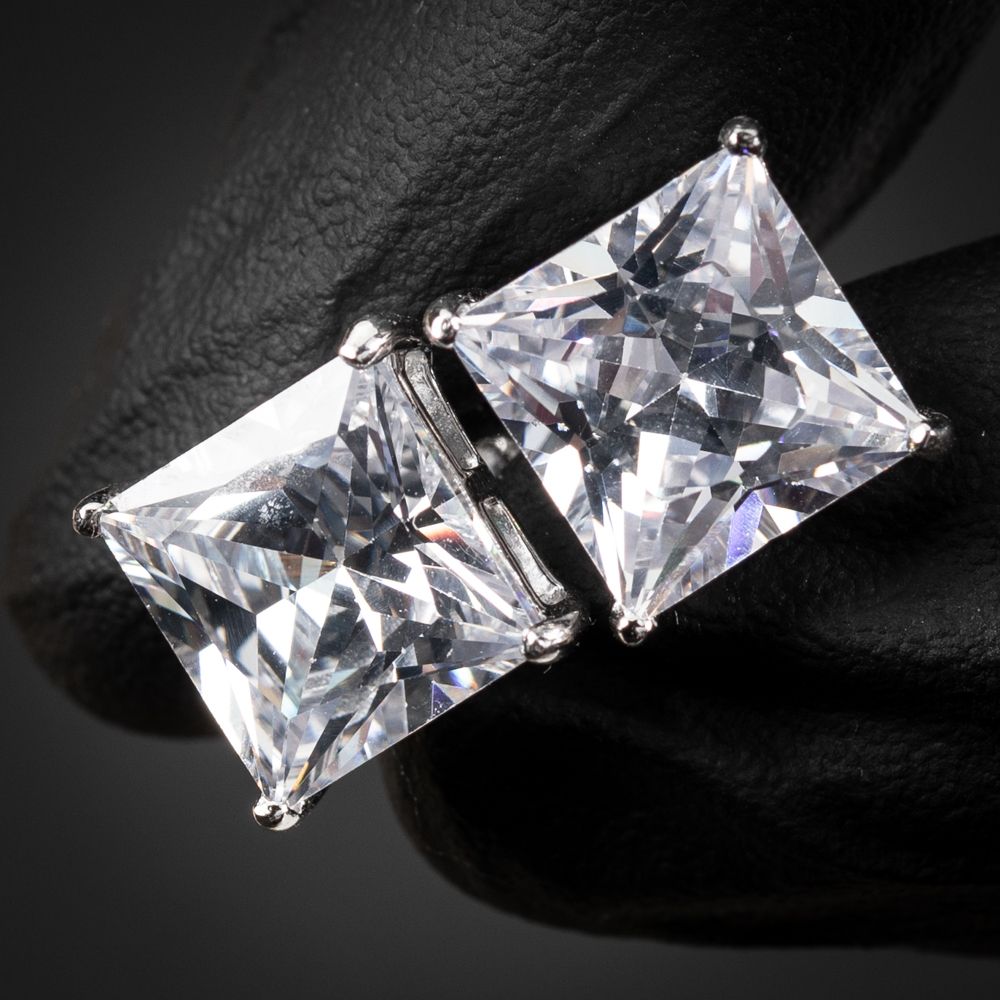 Large 925 Sterling Silver Princess Cut Cz Stud Screw Back Earrings
