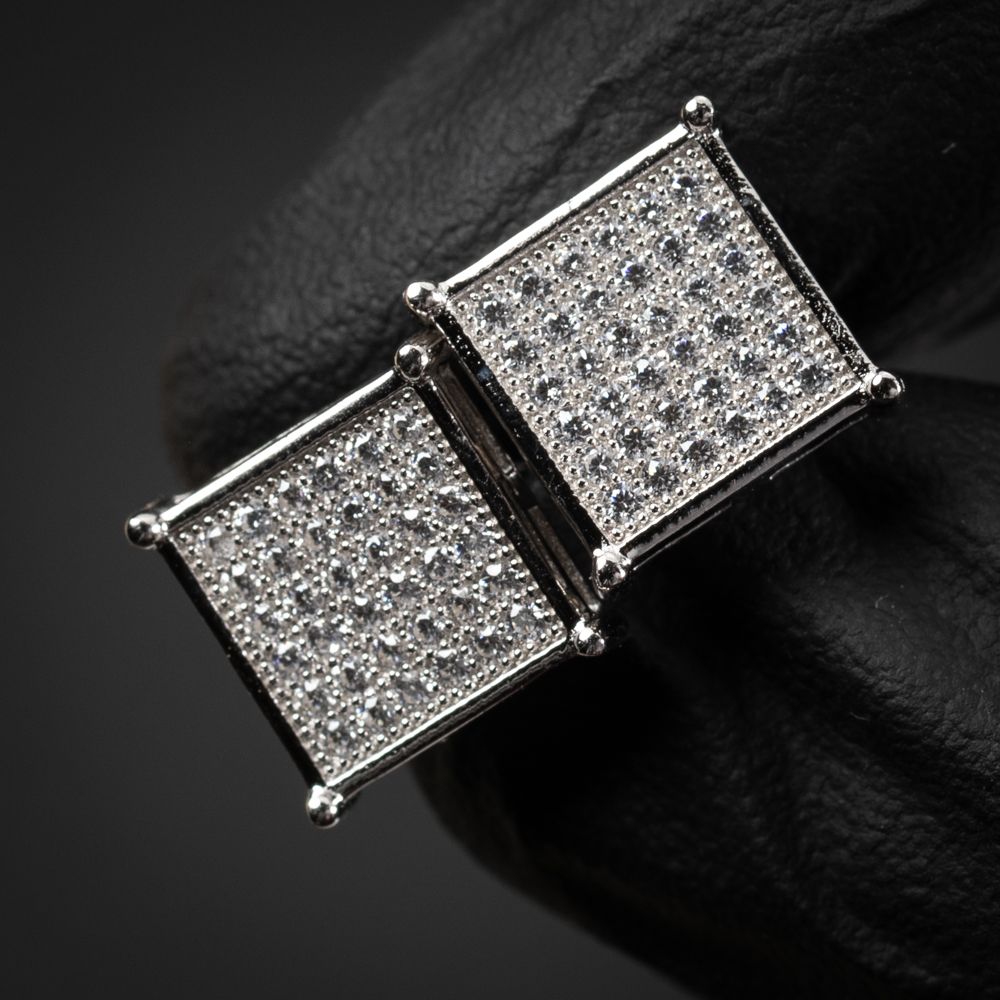 Men's Hip Hop Micro Pave Sterling Silver Iced CZ Square Screw Back Studs Earrings Men's Hip Hop Micro Pave Sterling Silver Iced CZ Square Screw Back Studs Earrings