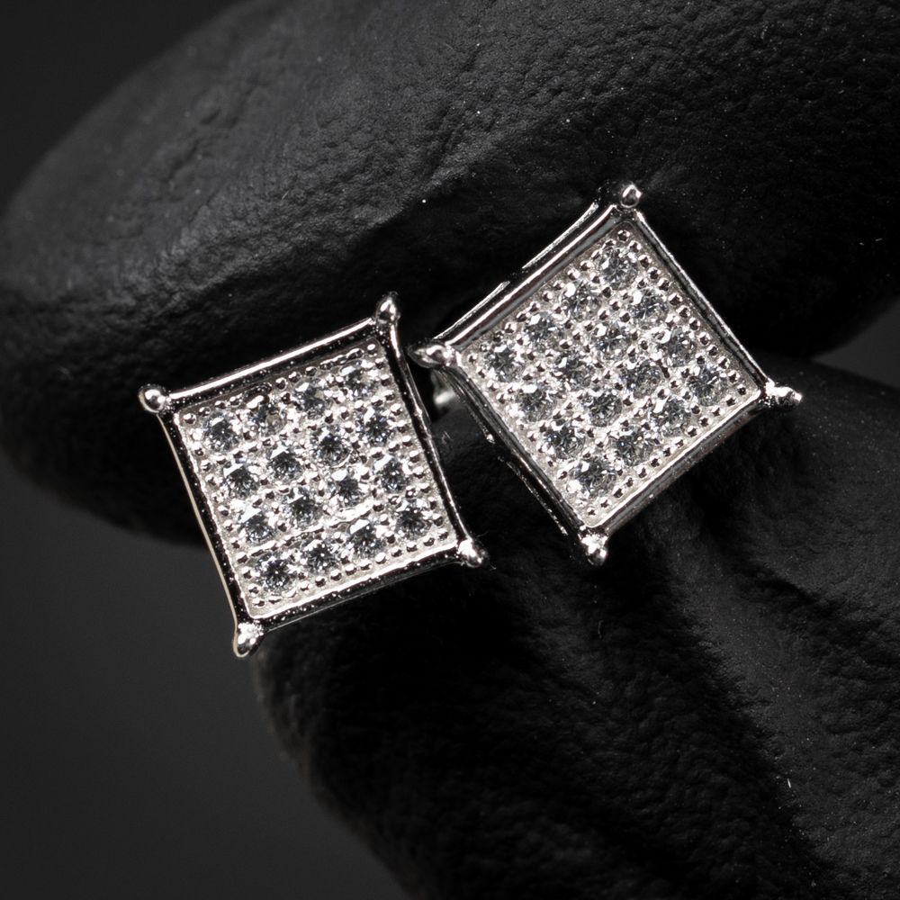 Small White Gold Sterling Silver Square Flat Screen Hip Hop Screw Back Stud Earrings