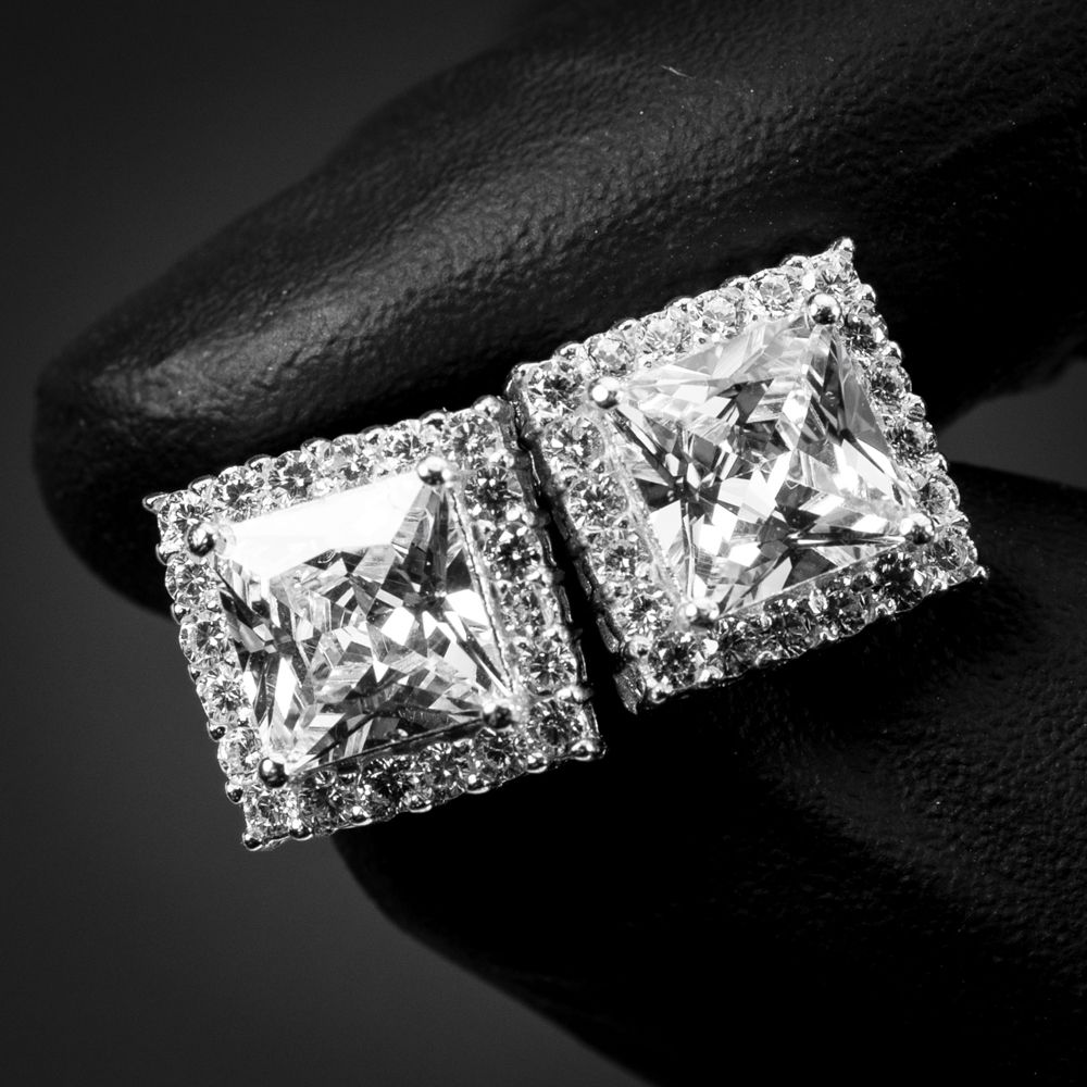 Square Princess Cut Halo White Gold 925 Sterling Silver Stud Screw Back Earrings
