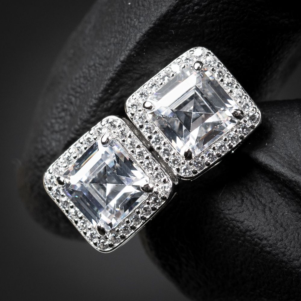 Mens Sterling Silver Iced Cz Asscher Cut Square Hip Hop Stud Earrings