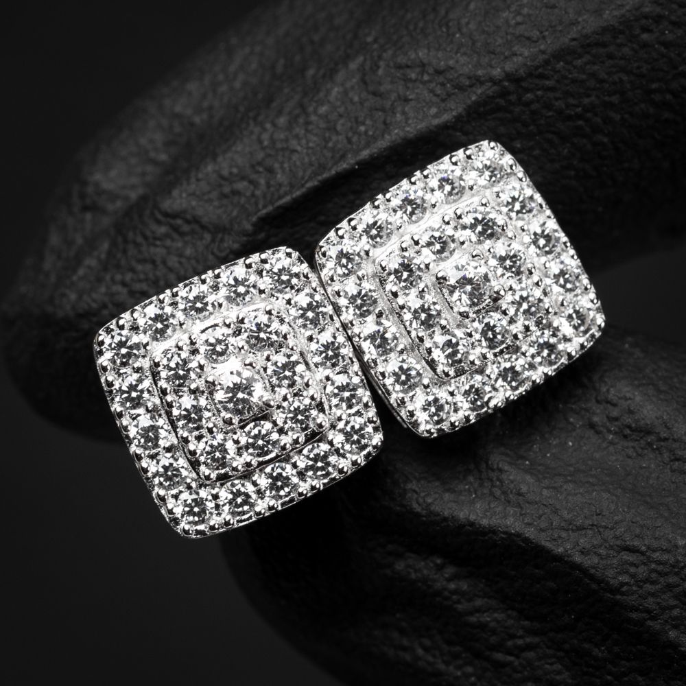 ​Stylish White Gold Plated 925 Sterling Silver Unisex Square Flower Cluster Honey Comb Set Cube Stud Hip Hop Earrings