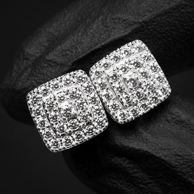 ​Stylish White Gold Plated 925 Sterling Silver Unisex Square Flower Cluster Honey Comb Set Cube Stud Hip Hop Earrings