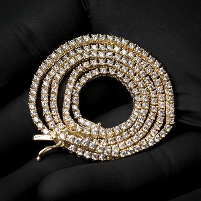 Mini Micro 14K Yellow Gold Plated Iced Solitaire 5A Cz 2mm Classic Tennis Chain
