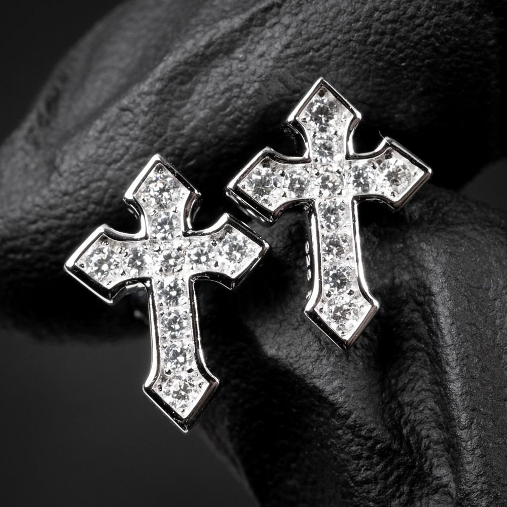 Iced Cz Channel Set 14K White Gold Sterling Silver Cross Screw Back Stud Earrings