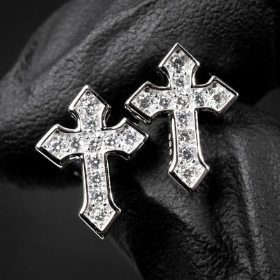 Iced Cz Channel Set 14K White Gold Sterling Silver Cross Screw Back Stud Earrings