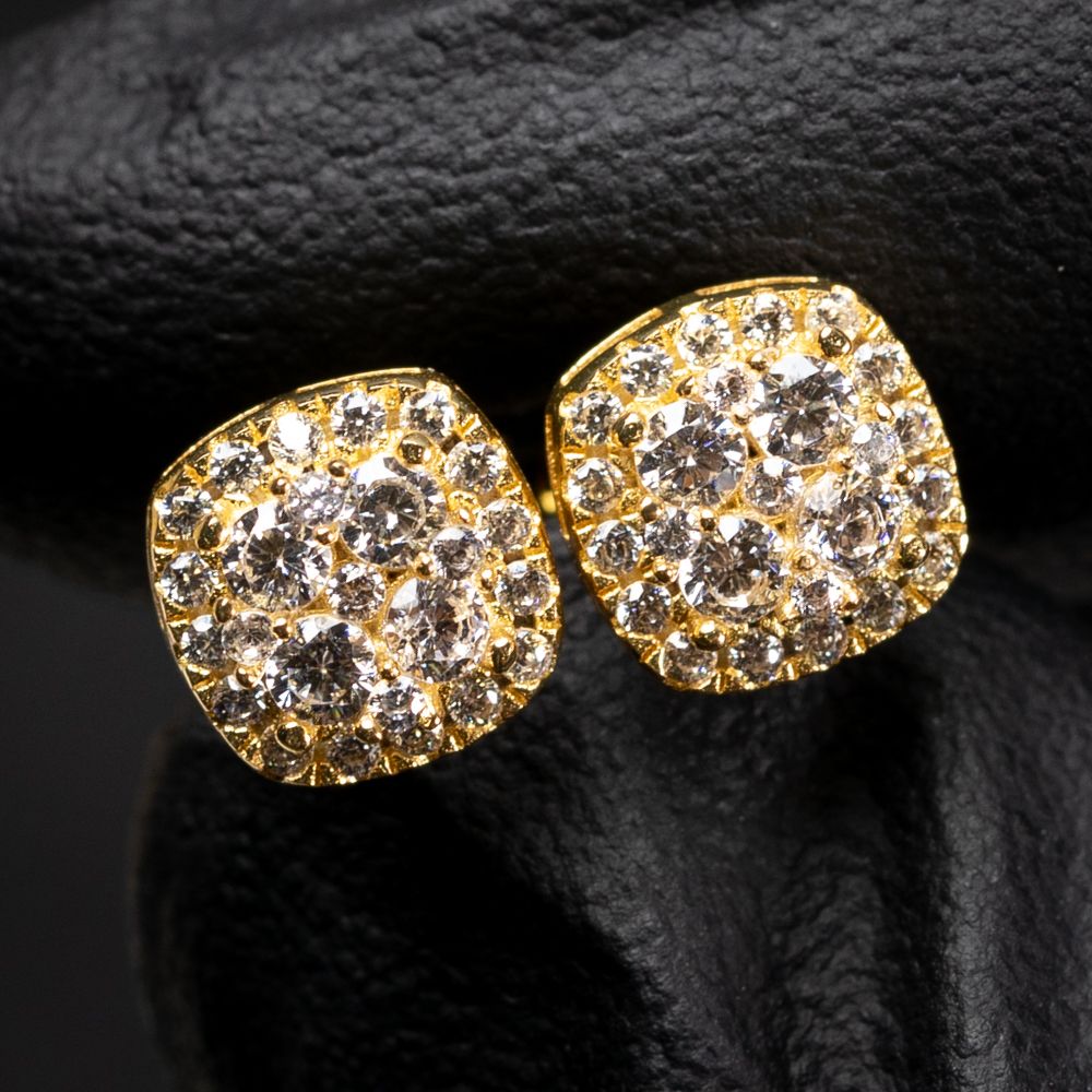 Small 3D Square 14K Yellow Gold 925 Sterling Silver Cube Shape Cluster Stud Earrings