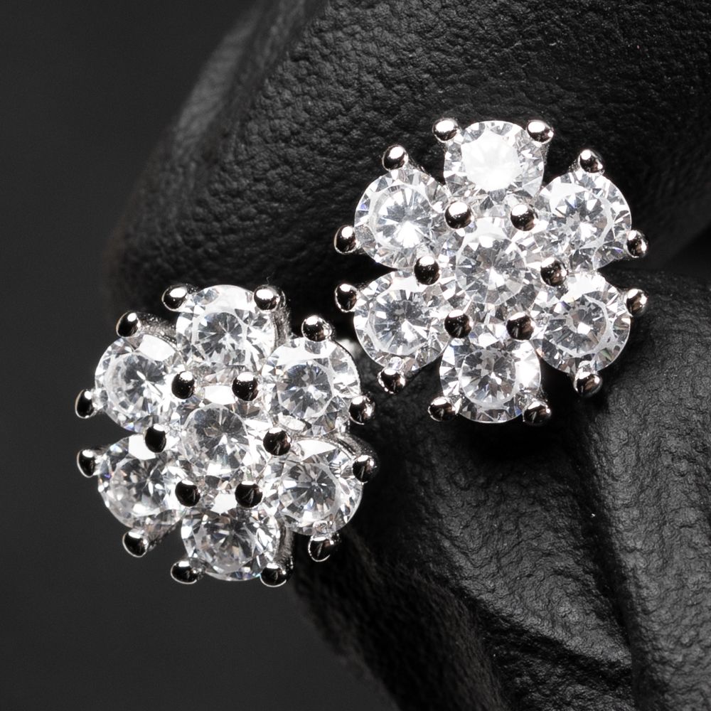 White Gold Plated 925 Sterling Silver Flower Cluster Hip Hop Stud Screw Back Earrings