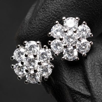 White Gold Plated 925 Sterling Silver Flower Cluster Hip Hop Stud Screw Back Earrings