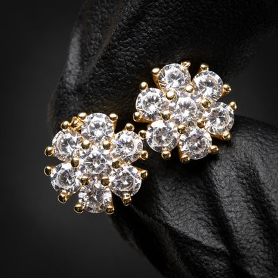 Yellow Gold Plated 925 Sterling Silver Flower Cluster Stud Screw Back Earrings