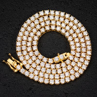 Round 14K Gold Plated Iced Solitaire 5A Cz 3mm Classic Tennis Chain Necklace