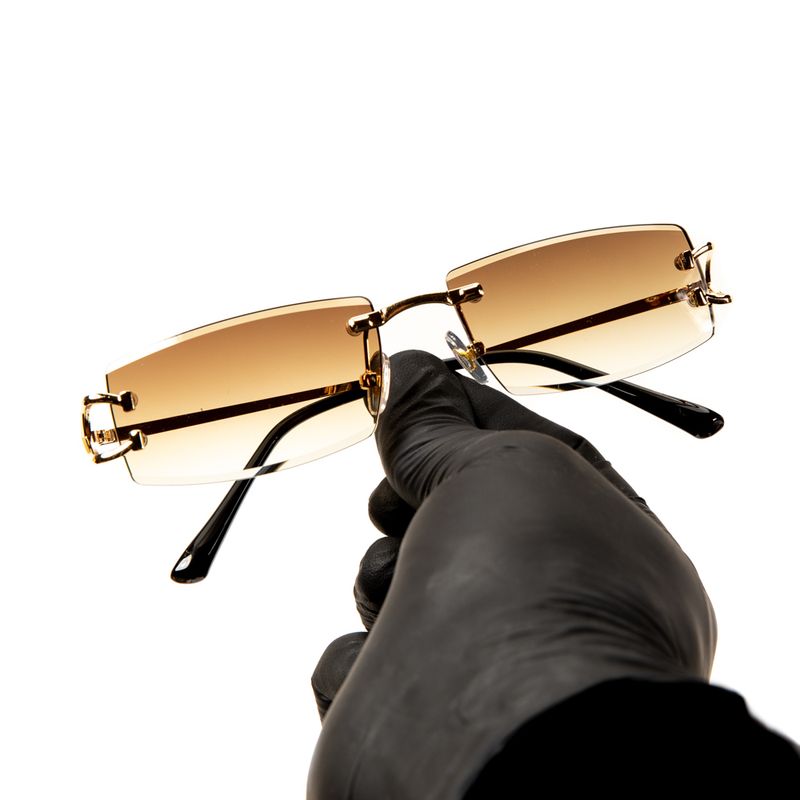 Light Brown Tint Narrow Lens Rimless Gold Frame Hip Hop Sunglasses