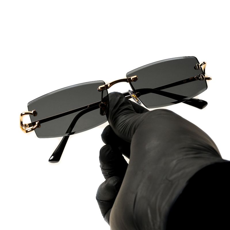 Dark Black Tint Narrow Lens Rimless Gold Frame Hip Hop Sunglasses