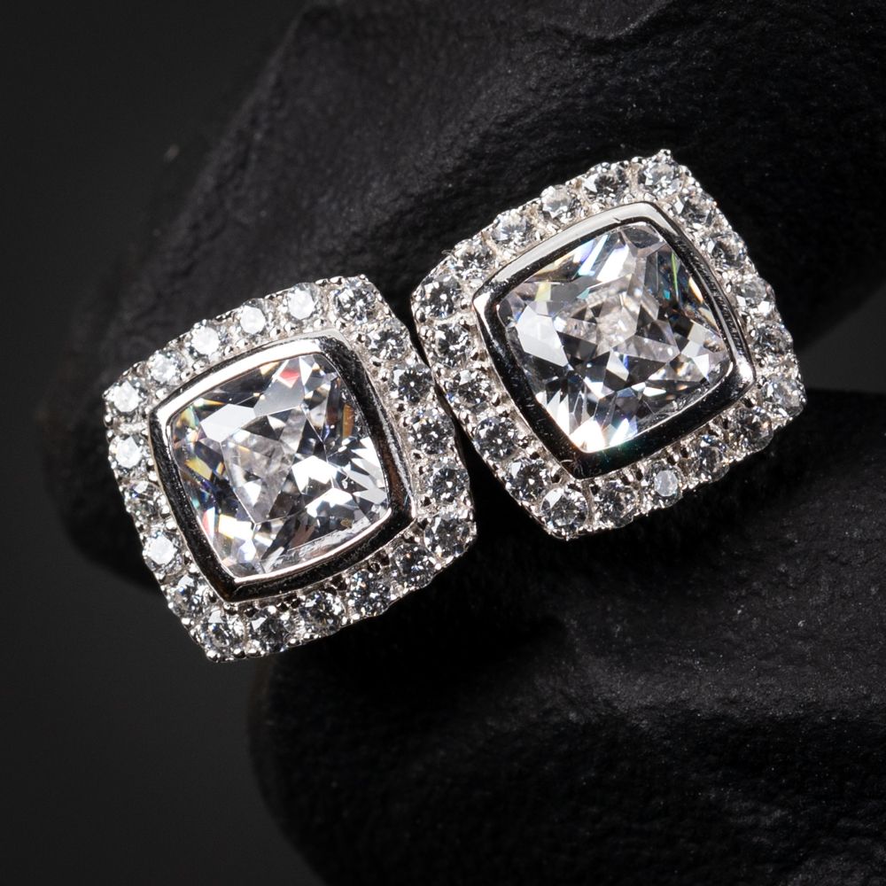 Square Halo Iced Cushion Cut Cz Sterling Silver Stud Earrings Square Halo Iced Cushion Cut Cz Sterling Silver Stud Earrings