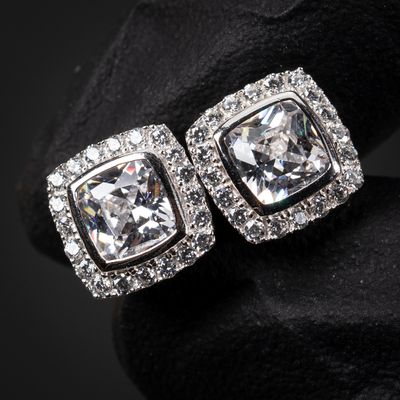 Square Halo Iced Cushion Cut Cz Sterling Silver Stud Earrings