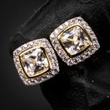 Square Halo Cushion Cut Cz Two Tone Yellow Gold Sterling Silver Stud Earrings