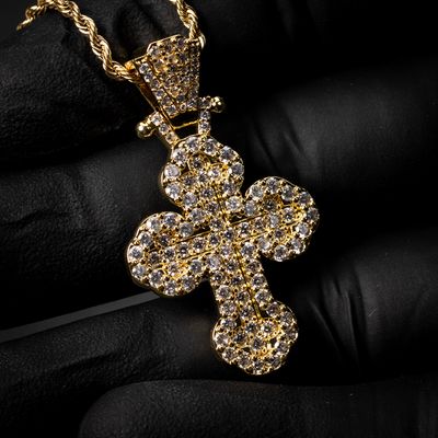 Men&#39;s 14K Yellow Gold Honey Comb Set Cz Hip Hop Cross Pendant Chain Necklace