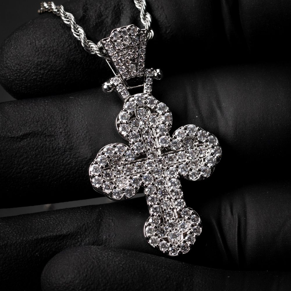 Men&#39;s White Gold Honey Comb Set Cz Hip Hop Cross Pendant Chain Necklace
