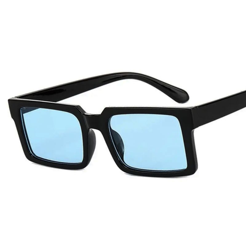 Men Women​ Retro Thick Rectangle Black Square Frame Baby Blue Lens Chunky Sunglasses