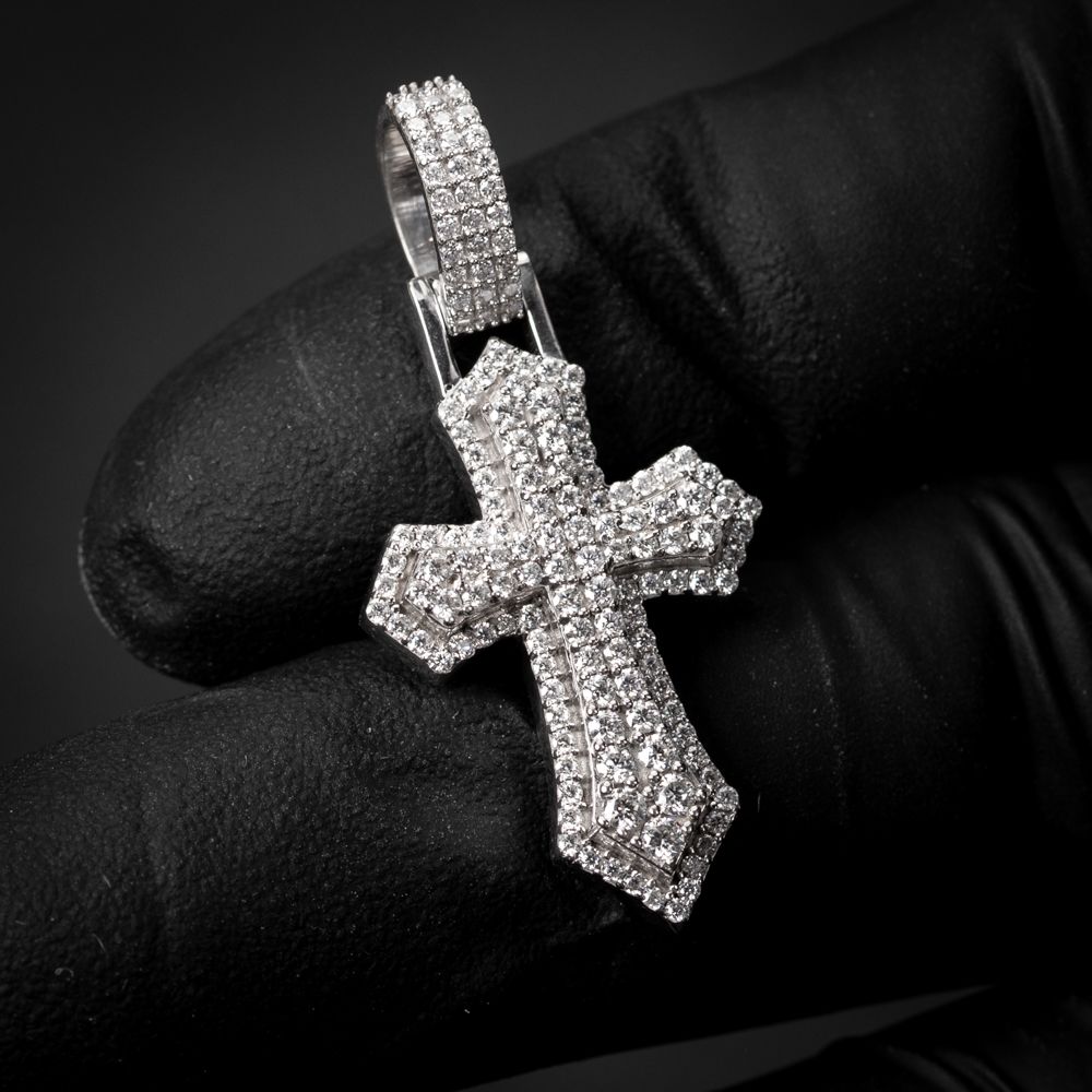 Iced Moissanite White Gold Plated 925 Sterling Silver Honey Comb Set Cross Pendant