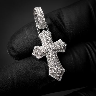 Iced Moissanite White Gold Plated 925 Sterling Silver Honey Comb Set Cross Pendant