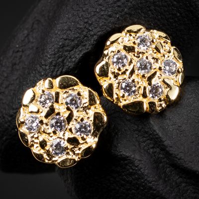 Men&#39;s Round Iced Yellow Gold 925 Sterling Silver Diamond Cut Nugget Hip Hop Stud Earrings
