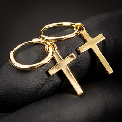 Men&#39;s Yellow Gold Dangle Cross Huggie Hanging Hoop Earrings
