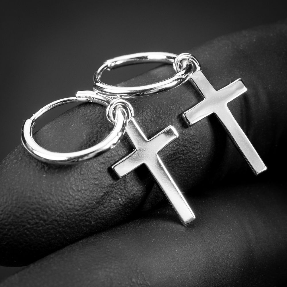 Men&#39;s White Gold Dangle Cross Huggie Hanging Hoop Earrings