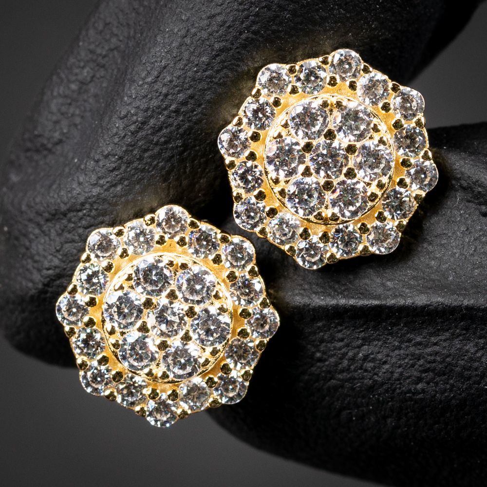 Hip Hop Octagon Yellow Gold 925 Sterling Silver Cluster Stud Earrings