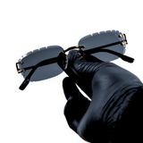 Vintage Hip Hop Sunglasses – Men's Black Tint Rimless Gold Frame, Wood Accent, UV400