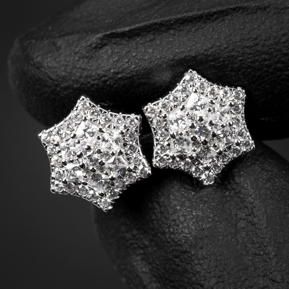 Star Shaped Flower Cluster White Gold 925 Sterling Silver Stud Screw Back Earrings