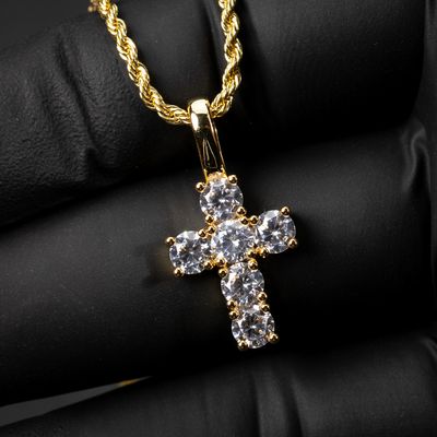 Mini Micro Elegant Gold Iced Pointer Cross Pendant Necklace
