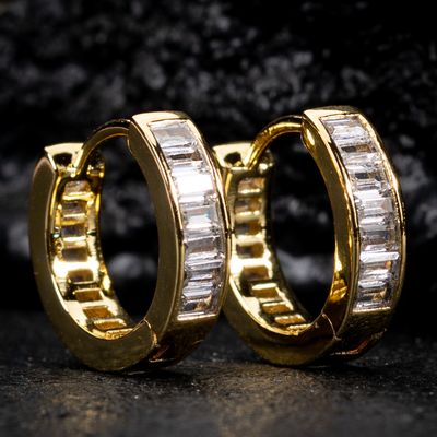 Yellow Gold Plated 925 Sterling Silver Brilliant Elegant  Iced Cz Baguette Hoop Earrings